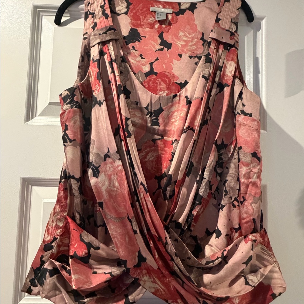 H&M Pink and Black Floral Drape Blouse